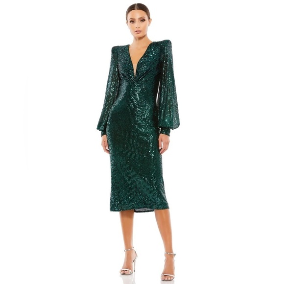 Mac Duggal 26866 NWT Sequined Structured Bishop Sleeve Midi Dress - Picture 1 of 6